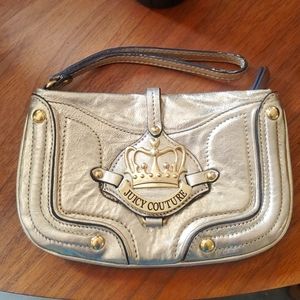Juicy Couture small gold metallic metal logo wristlet purse